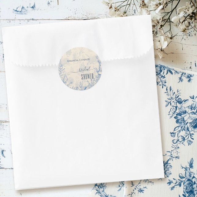 Blue toile ocean themed Bridal Shower Classic Round Sticker (Creator Uploaded)