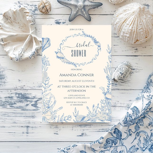 Blue toile ocean themed Bridal Shower Invitation (Creator Uploaded)