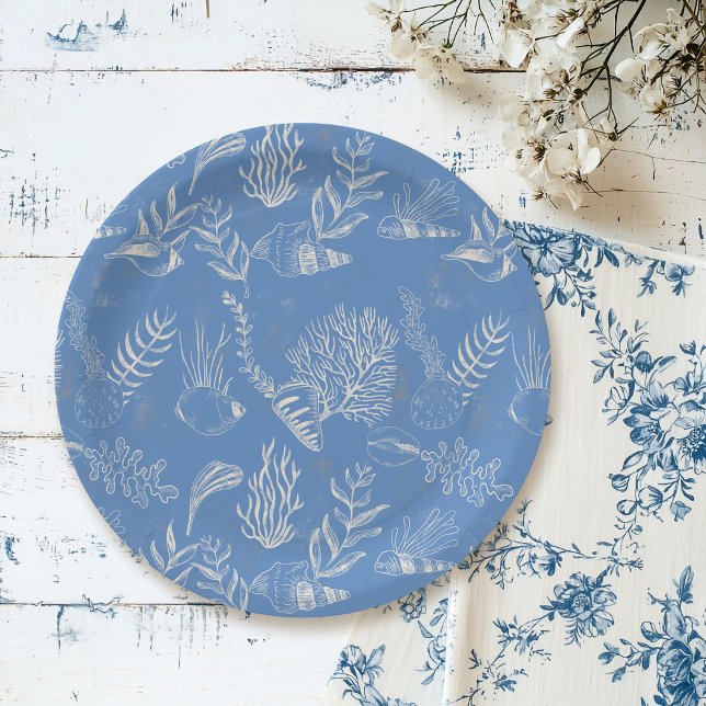 Blue toile ocean themed Bridal Shower Paper Plate (Creator Uploaded)