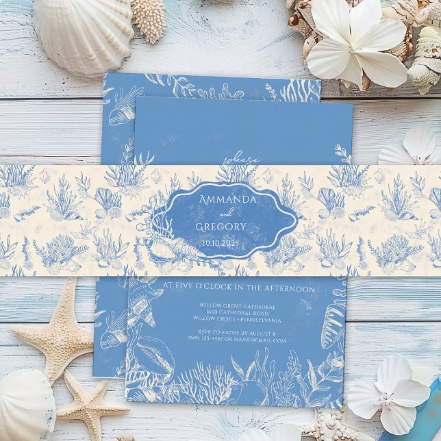 Blue Toile Ocean themed Wedding Invitation Belly Band (Creator Uploaded)