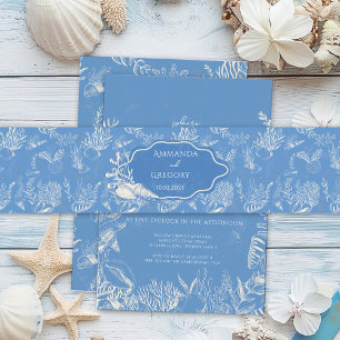 Blue Toile Ocean themed Wedding Invitation Belly Band