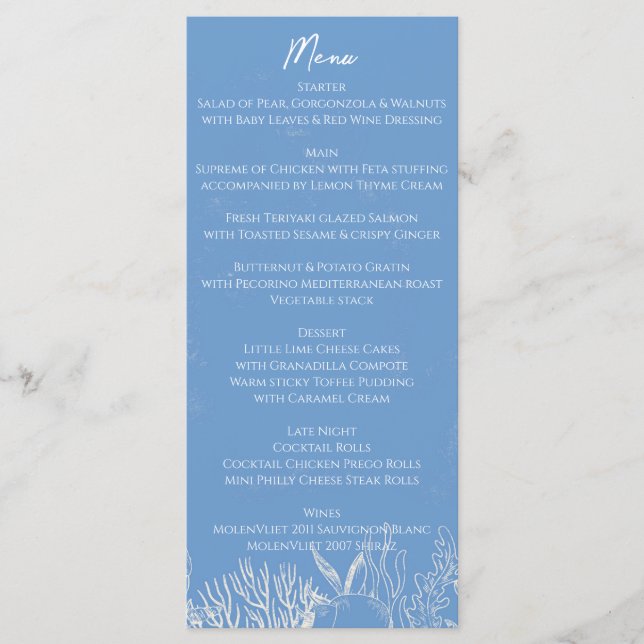 Blue Toile Ocean themed Wedding Menu (Front)