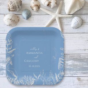 Blue Toile Ocean themed Wedding Paper Plate