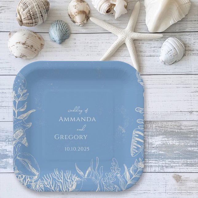 Blue Toile Ocean themed Wedding Paper Plate (Creator Uploaded)