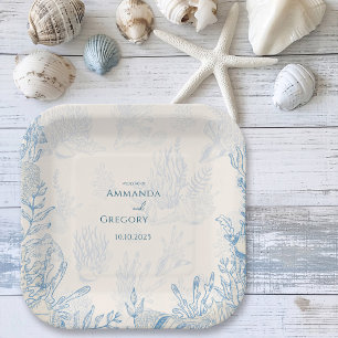 Blue Toile Ocean themed Wedding Paper Plate