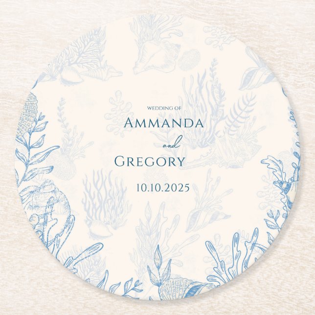 Blue Toile Ocean themed Wedding Round Paper Coaster (Front)