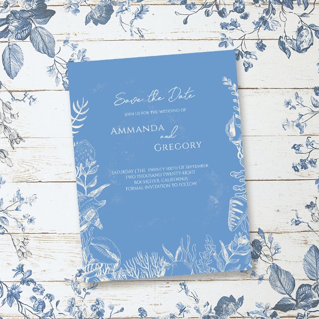 Blue Toile Ocean themed Wedding Save the date Announcement Postcard (Creator Uploaded)