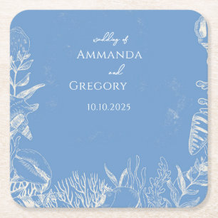 Blue Toile Ocean themed Wedding Square Paper Coaster