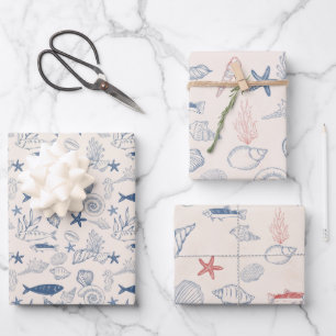 Blue toile Ocean Wrapping Paper Sheet Set of 3
