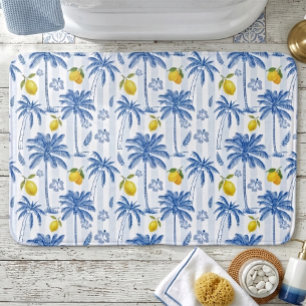 Blue Toile Palm Trees Lemons  Bath Mat