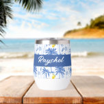 Blue Toile Palm Trees Lemons Monogram Name<br><div class="desc">Blue Toile Palm Trees Lemons Monogram Name Thermal Wine Tumbler. Bring a splash of tropical coastal charm to your routine with this lovely tumbler featuring a light blue striped background adorned with sketched blue palm trees and vibrant yellow lemons. Customizable white script lettering, for your name making it a stylish...</div>