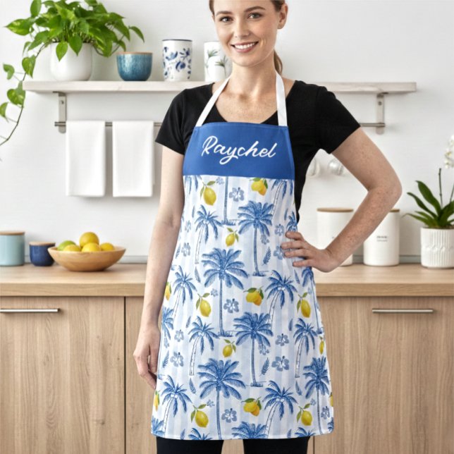 Blue Toile Palm Trees Lemons Monogram Name Apron (Creator Uploaded)