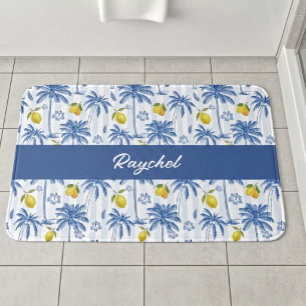 Blue Toile Palm Trees Lemons Monogram Name Bath Mat