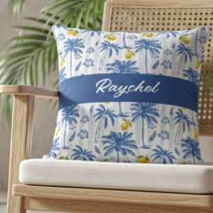 Blue Toile Palm Trees Lemons Monogram Name Cushion