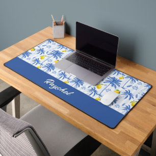 Blue Toile Palm Trees Lemons Monogram Name Desk Mat