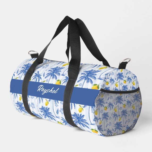 Blue Toile Palm Trees Lemons Monogram Name Duffle Bag (Right Corner)