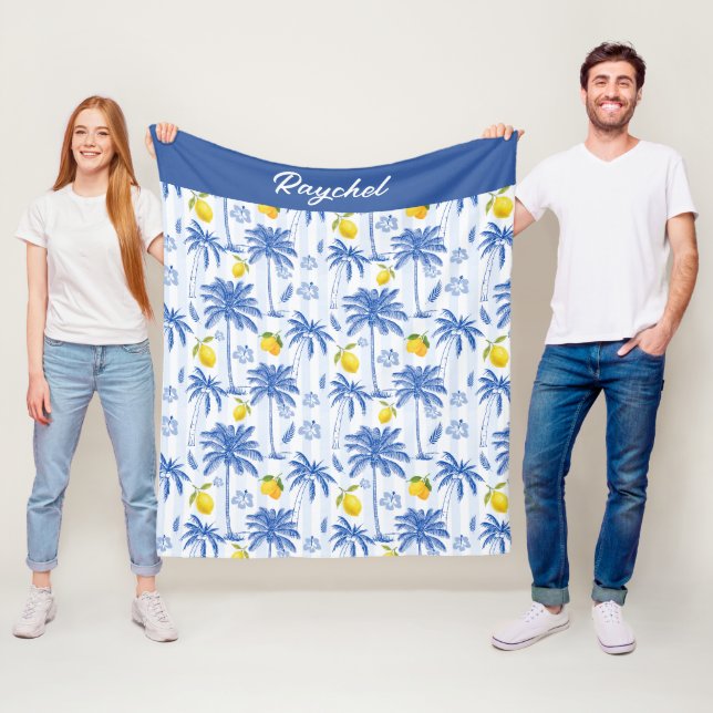 Blue Toile Palm Trees Lemons Monogram Name Fleece Blanket (In Situ)