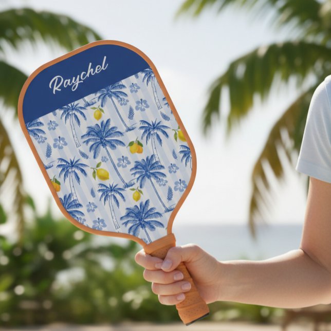 Blue Toile Palm Trees Lemons Monogram Name Pickleball Paddle (Creator Uploaded)