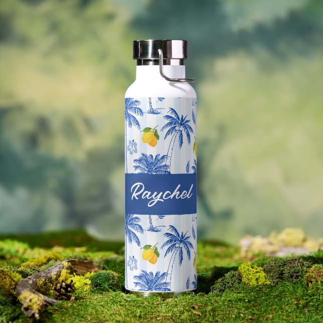 Blue Toile Palm Trees Lemons Monogram Name Water Bottle (Outdoor (Rotated))
