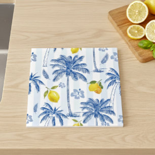 Blue Toile Palm Trees Lemons Pattern Ceramic Tile