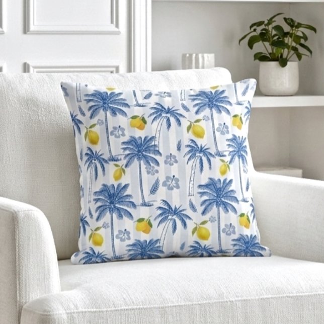 Blue Toile Palm Trees Lemons Pattern Cushion (Creator Uploaded)