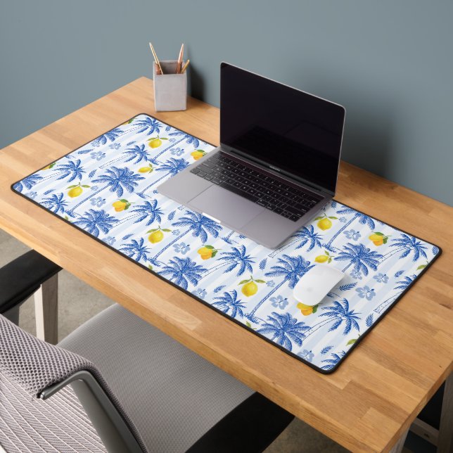Blue Toile Palm Trees Lemons Pattern Desk Mat (Office 2)