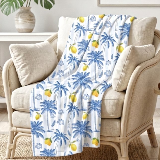 Blue Toile Palm Trees Lemons Pattern Fleece Blanket (Creator Uploaded)