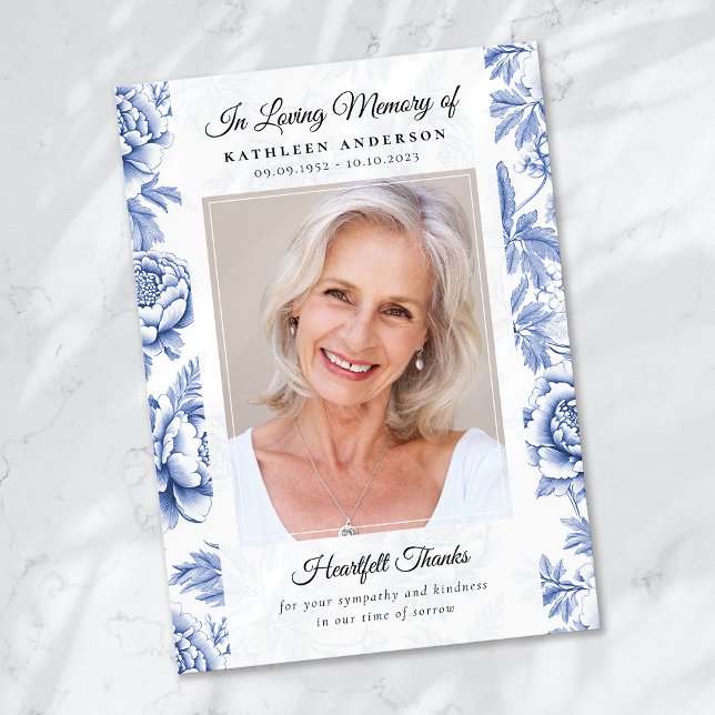 Blue Toile Photo Keepsake Funeral Memorial Thank You Card (Creator Uploaded)