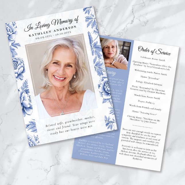 Blue Toile Photo Memorial Service Program (Creator Uploaded)