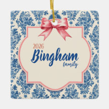 Blue Toile Pink Bow Family Photo Christmas