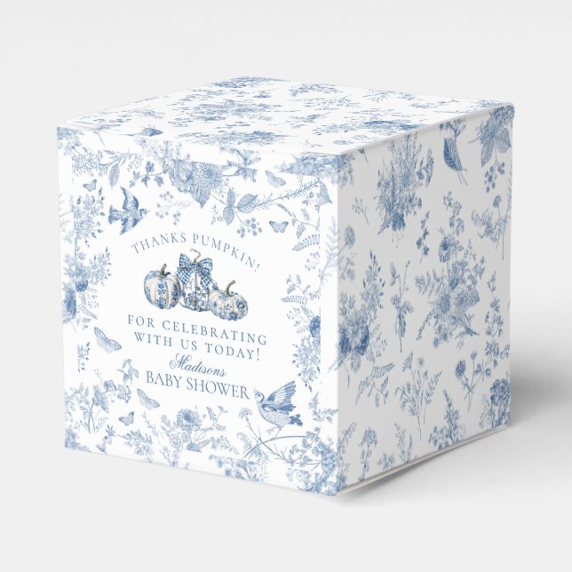 Blue Toile Pumpkin French Fall Baby Shower Dessert Favour Box (Front Side)