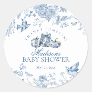 Blue Toile Pumpkin French Fall Baby Shower Favour Classic Round Sticker
