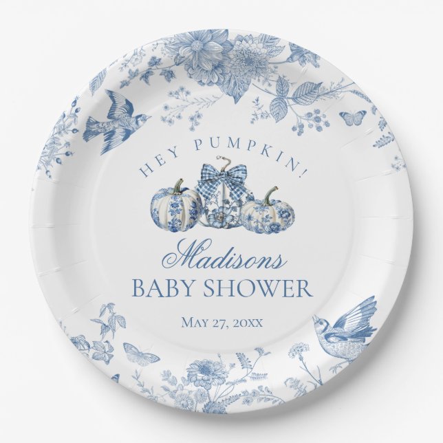 Blue Toile Pumpkin French Fall Floral Baby Shower Paper Plate (Front)