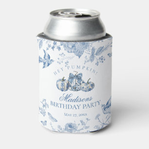 Blue Toile Pumpkin French Fall Floral Birthday Can Cooler