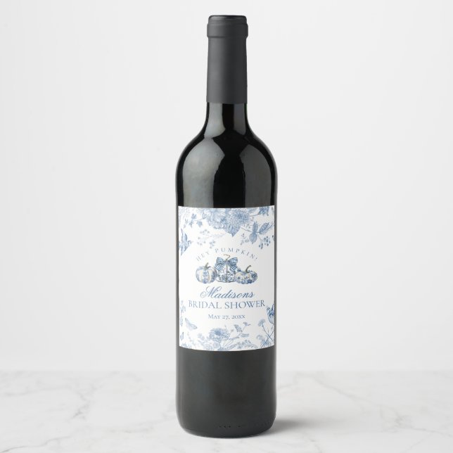 Blue Toile Pumpkin French Fall Floral Bridal Showe Wine Label (Front)