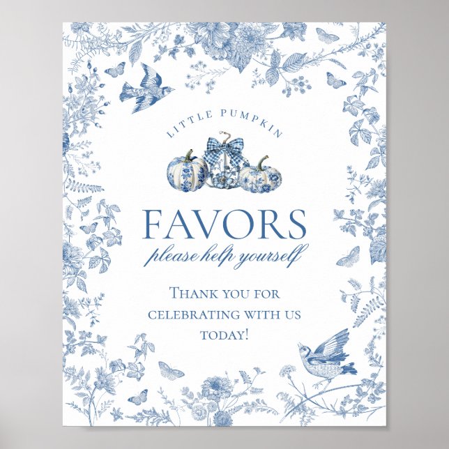 Blue Toile Pumpkin French Fall Floral Favours Sign (Front)