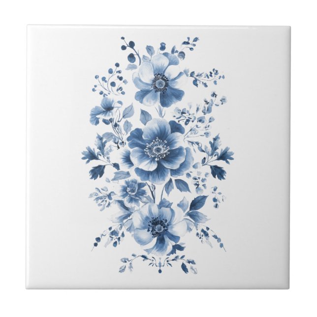 Blue Toile Regency Chinoiserie Watercolor Floral Ceramic Tile (Front)