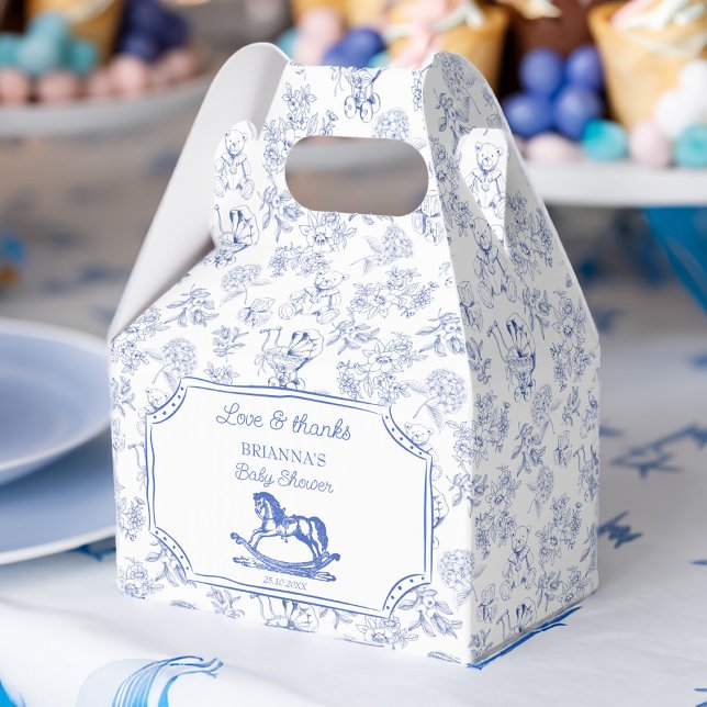 Blue toile rocking horse baby shower favours custo favour box (Blue toile vintage rocking horse baby shower favors personalized favor boxes)
