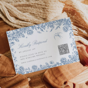 Blue Toile RSVP card with QR code Chinoiserie Bird