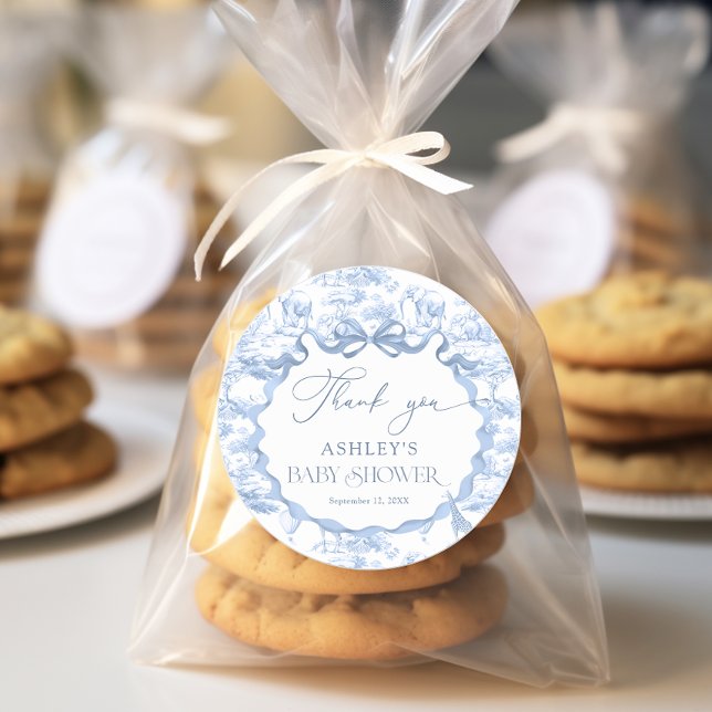 Blue Toile Safari Animal Baby Shower Thank You  Classic Round Sticker (Creator Uploaded)