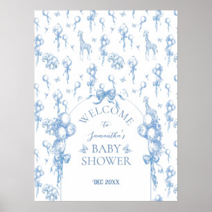 Blue Toile Safari Animal Baby Shower Welcome Poster