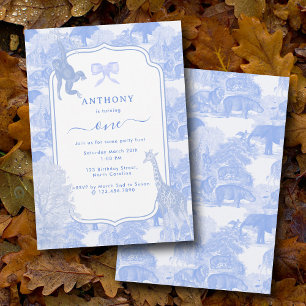 Blue Toile Safari Animals Chinoiserie Boy Birthday Invitation