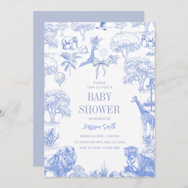 Blue Toile Safari Baby Shower Invitation (Front/Back)