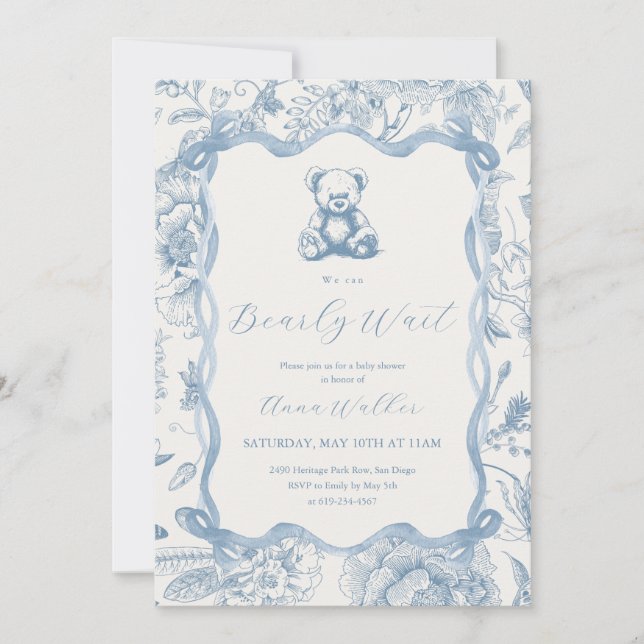 Blue Toile Teddy Bear Baby Shower Invitation (Front)