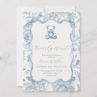 Blue Toile Teddy Bear Baby Shower Invitation