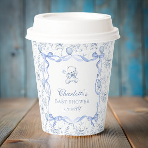 Blue Toile Teddy Bear Baby Shower Paper Cups