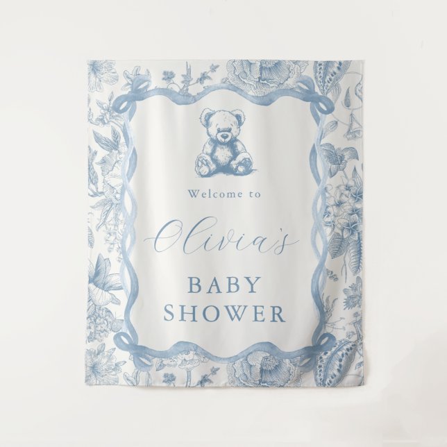 Blue Toile Teddy Bear Baby Shower Tapestry (Front)