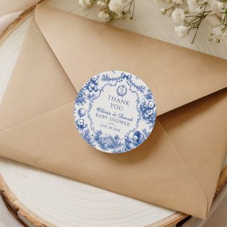 Blue Toile Teddy Bear Baby Shower Thank You Classic Round Sticker