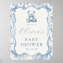 Blue Toile Teddy Bear Baby Shower Welcome Sign