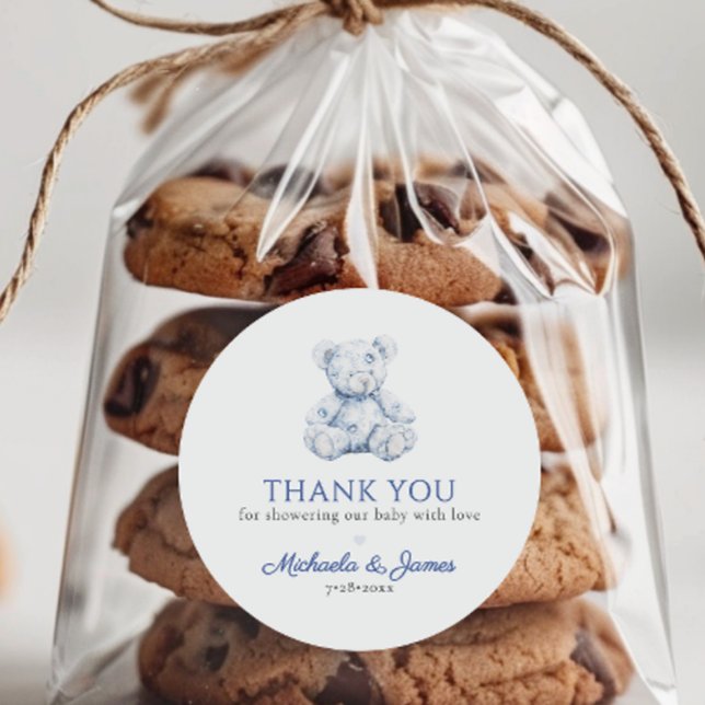 Blue Toile Teddy Bear Boy Baby Shower Favour Classic Round Sticker (Creator Uploaded)